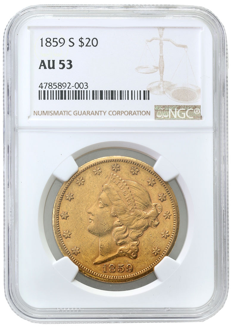 USA. 20 dolarów 1859 S, San Francisco NGC AU53